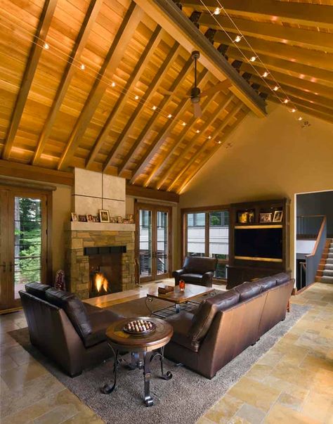 Beautiful Bridge House Suspended Across A Ravine In Ohio Ceiling Lighting Ideas, Vaulted Ceiling Bedroom, Vaulted Ceiling Lighting, High Ceiling Lighting, Vaulted Ceiling Living Room, Popular Living Room, Cabin Lighting, Ceiling Lights Living Room, Living Room Ceiling