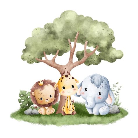 Vector watercolor illustration cute baby... | Premium Vector #Freepik #vector #safari-animals #animal-illustration #lion-watercolor #zoo Jungle Animals Illustration, Animal Theme Birthday, Safari Baby Animals, Baby Animal Drawings, Baby Illustration, Cute Animal Illustration, Baby Room Art, Baby Milestone Cards, Safari Baby