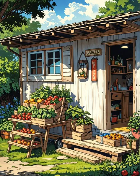 In the countryside's embrace, a garden shed stands near, With crates and baskets overflowing, the harvest of the year. Fruits and vegetables in vibrant, bountiful array, Nature’s humble treasures, in the golden light of day. 🌿🥕 . . . . . . . . #aiart #aiartcommunity #aiartwork #aiartdaily #aiartfamily #aiartist #midjourney #lofi #stablediffusion #comfyui #playgroundai #leonardoaiart #prernaverse #artexploration #digitalart #gardenshed #countrysides #countrysidefarmlife Painting Ideas Garden, Countryside Illustration, Picnic Illustration, Gardening Drawing, Bathroom Wall Colors, Village Garden, City Layout, Lighthouse Painting, Garden Illustration