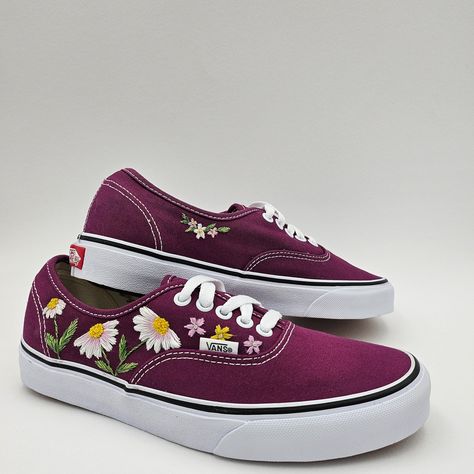 These hand embroidered vans are now for sale in our Etsy store as a customised order, or if you want to have a go yourself we also sell as a PDF pattern or a DIY Kit! #embroidery #embroideredshoes #pdfembroiderypattern #embroiderydesign #embroiderykit Vans Embroidery, Embroidery Shoes Vans, Embroidered Vans With Cactus, Vans Floral Shoes, Embroidered Vans, Embroidered Shoes, Embroidery Kits, Diy Kits, Pdf Pattern