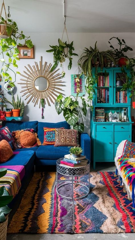 Boho Maximalist Home Decor, Colourful Maximalism, Deep Blue Sofa, Maximalist Furniture, Balcony Vibes, Jewel Tone Living Room, Cozy Boho Living Room, Balance Is Key, Funky Living Rooms