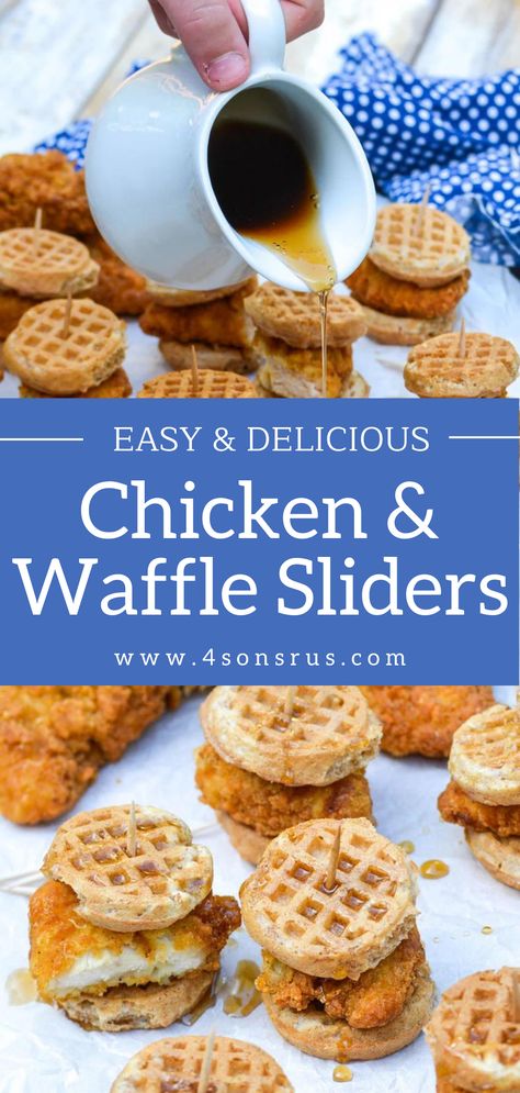 Mini Chicken Waffle Sliders, Kid Brunch Ideas, Chicken And Waffles Recipe Easy, Chicken Waffle Bites, Chicken And Waffles Brunch, Brunch For Kids, Chicken Waffle Sliders, Chicken And Waffle Sliders, Mini Chicken And Waffles