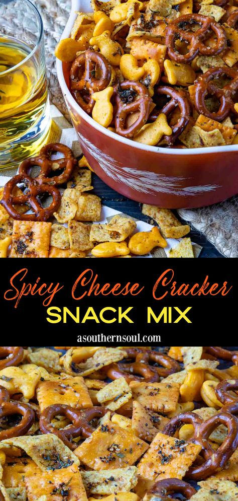 Cracker Mix Recipes, Bakery Snacks, Spicy Pretzels, Spicy Crackers, A Southern Soul, Trail Mix Recipes, Spicy Cheese, Chex Mix Recipes, Fall Snacks