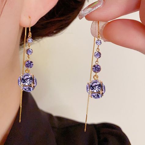 Exquisite Purple Crystal Zircon Drop Earrings for Women Fashion Golden Lines Long Tassel Earring Wedding Party Jewelry Gifts - AliExpress 36 Earring Wedding, Tassel Earring, Wedding Earrings Drop, Purple Diamond, Long Tassel Earrings, Face Earrings, Wedding Party Jewelry, Unusual Jewelry, Purple Crystal