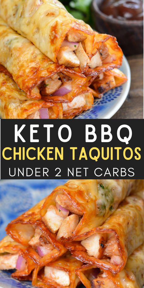 These Keto BBQ Chicken Taquitos require 5 basic ingredients and contain about 1 net carb per serving! Keto Bbq Chicken Pizza, Keto Bbq Recipes, Keto Cookout Food, Keto Weeknight Dinner, Keto Bbq Sides, Keto Chicken Wraps, Bbq Chicken Taquitos, Low Carb Bbq Chicken, Keto Bbq Chicken