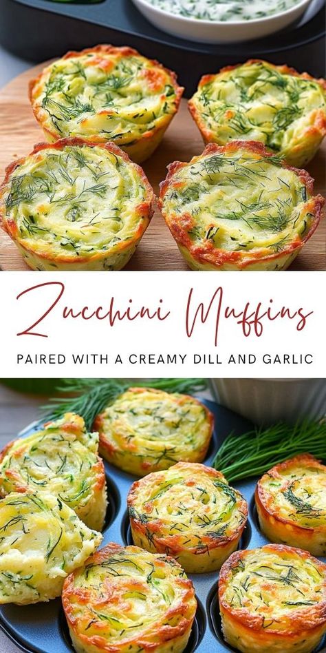 Zucchini and Potato Muffins with Creamy Dill Sauce Ingredients: For the Muffins: 2 zucchinis, grated 2 potatoes, grated Salt, to draw out moisture 4 tablespoons semolina 50 ml (1/4 cup) milk 50 grams (1/4 cup) cheese, grated Dill and parsley, chopped 2-3 tablespoons olive oil Italian herbs, to taste Black pepper, to taste #Zucchini #Muffins Creamy Dill Sauce, Potato Muffins, Italian Herbs, Dill Sauce, Zucchini Muffins, 15 Minute Meals, Breakfast Potatoes, Light Snacks, Veggie Side Dishes