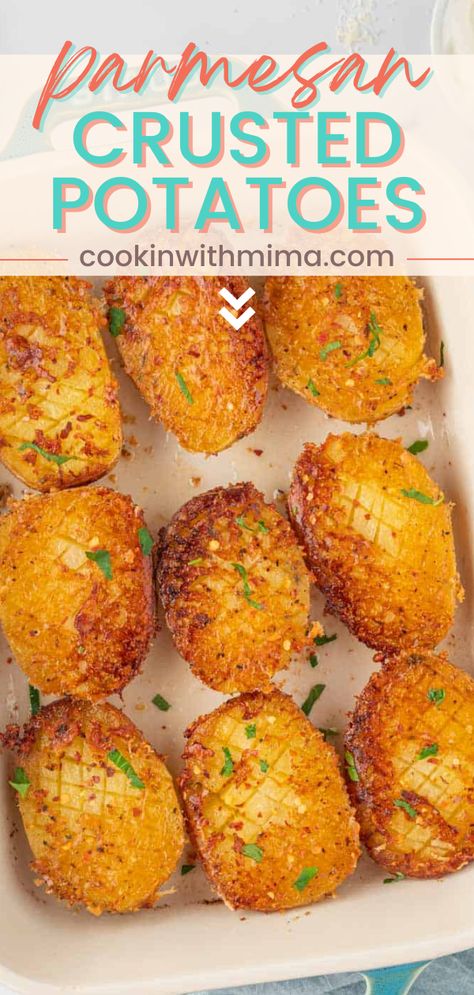 These Parmesan Crusted Potatoes are so easy to make and they look absolutely incredible too. They’re golden and crunchy on the outside, while perfectly tender on the inside. The seasoning blend with parmesan adds a comforting flavor that anyone would enjoy. It’s something you’ll want to sink your teeth into, so try these potatoes today! Garlic Parmesan Roasted Potatoes, Crusted Potatoes, Parmesan Crusted Potatoes, Crispy Parmesan Potatoes, Potato Face, Parmesan Roasted Potatoes, Crushed Potatoes, Homemade Cookbook, Pasta Side Dishes