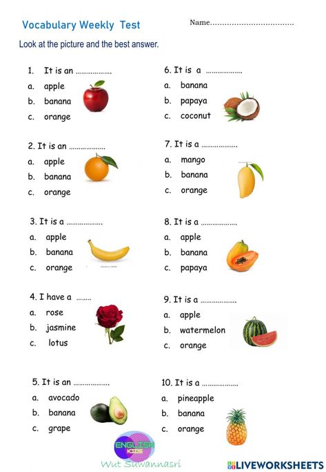 English Test For Grade 2, Fruits Worksheet For Grade 1, Fruit Worksheets For Kids, Fruits Worksheets For Kids, Fruit Worksheet, Reading Comprehension For Kids, Alphabet Worksheets Kindergarten, School Study Ideas, Worksheets Kindergarten