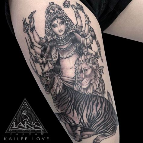 Hindu Tiger Tattoo, Durga Tattoo Design, Hindu Goddess Tattoo, Lakshmi Tattoo, Durga Tattoo, Lark Tattoo, Phoenix Tattoo Sleeve, Tat Inspiration, Kali Ma