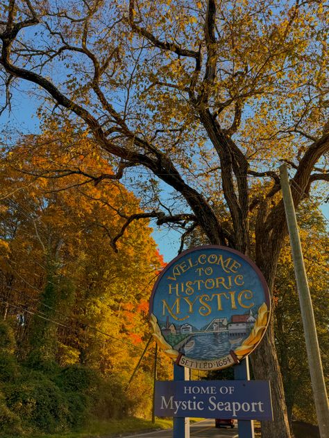 Fall colored trees with a mystic connecticut sign Mystic Connecticut Aesthetic, New Haven Connecticut Aesthetic, Mystic Connecticut Fall, Connecticut Autumn, Connecticut Aesthetic, Connecticut Fall, Mystic Connecticut, Vision Board Themes, Mystic Seaport