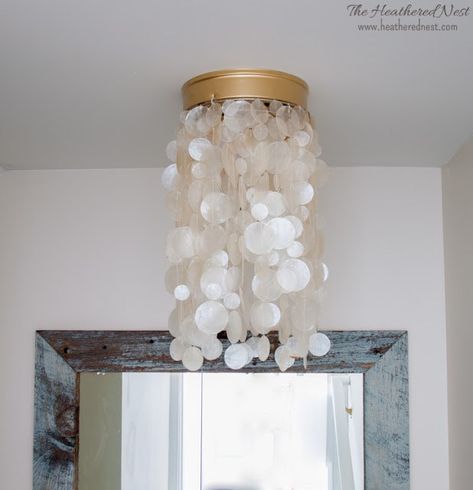 Heathered Nest Capiz Shell Light fixture Light Fixture Makeover, Capiz Chandelier, Capiz Shell Chandelier, Chandelier Makeover, Shell Chandelier, Diy Light Fixtures, Shells Diy, Diy Light, Builder Grade