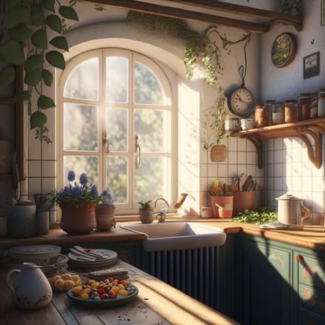 Snow White Kitchen Fairy Tale Kitchen Design, Snow White Cottage Aesthetic, Ghibli Kitchen Aesthetic, Green Wood Kitchen, Cozy Kitchen Cottage, Anime Kitchen, Disney Decor Bedroom, Fairy Kitchen, Kitchen Style Ideas