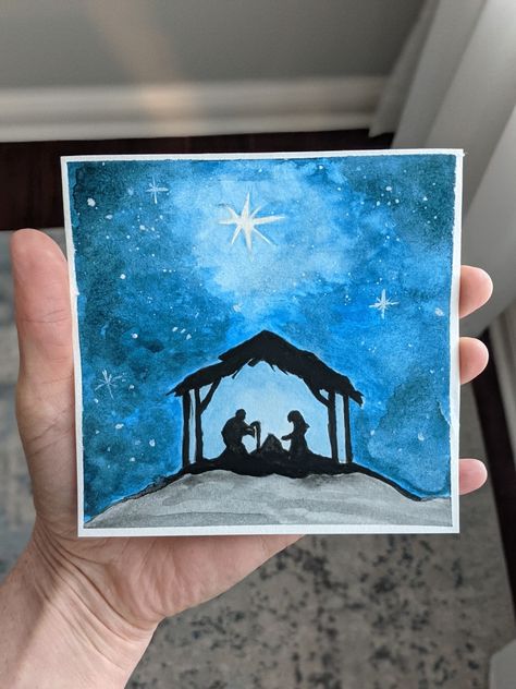 Simple Nativity Watercolor, Nativity Watercolor Cards, Watercolour Nativity, Christmas Cards Aquarel, Christian Christmas Cards Handmade, Watercolor Nativity, Robin Drawing, Nativity Christmas Cards, Watercolor Christmas Cards Diy