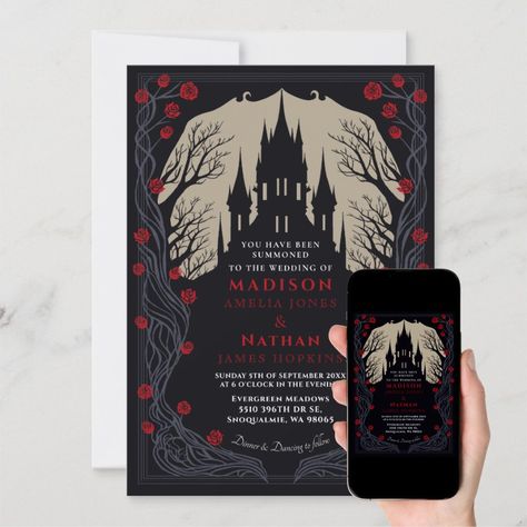 Gothic Castle Floral Halloween Wedding Invitation  Zazzle Black Wedding Invitations Classy, Wedding Invitations Classy, Invitations Halloween, Halloween Wedding Invitations, Floral Halloween, Gothic Floral, Marriage Announcement, Gothic Castle, Modern Gothic