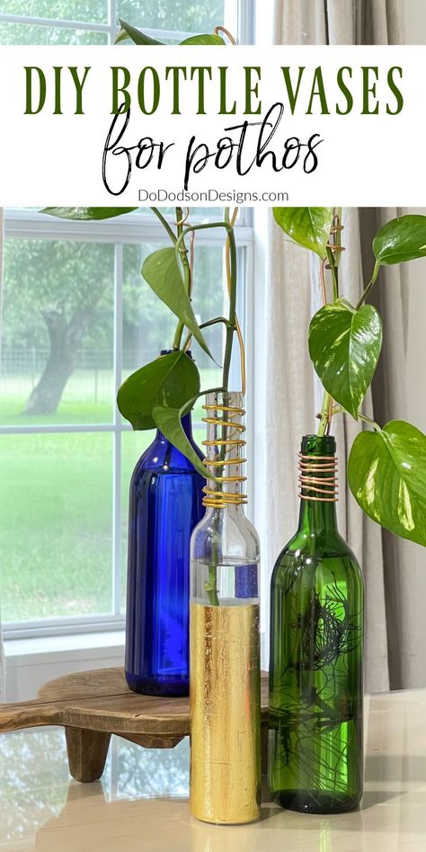 What do you do with your old glass bottles? Don't throw them away! Repurpose them into chic DIY bottle vases to display your pothos cuttings. Upcycle Glass Bottles, Whiskey Bottle Crafts, Pothos Cuttings, Farmhouse Thrift Store Makeovers, Spring Diy Projects, Wine Bottle Vases, Old Glass Bottles, Empty Glass Bottles, Bottle Garden