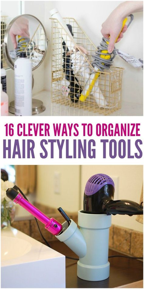 16 Clever Ways to Organize Hair Styling Tools Makeup Organizing Hacks, Tool Organization Diy, Hair Tool Storage, Diy Makeup Organizer, Hairstyling Tools, Updo Wedding Hair, Curling Iron Holder, Wand Organizer, Hair Tool Organizer