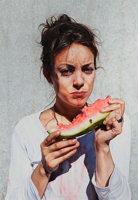 Watermelon Woman, Eating Watermelon, Painting People, Watercolor Portrait, Arte Inspo, Realism Art, Watercolor Inspiration, Anatomy Art, Watercolor Portraits