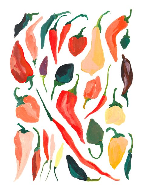 Art | Artfully Walls Pepper Illustration, Vegetable Painting, Kitchen Artwork, Food Artwork, Vegetable Prints, Artfully Walls, Hot Pepper, Gouache Painting, Pottery Painting