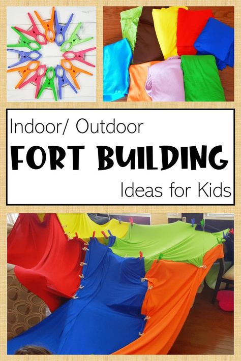 There are 3 pictures in the pin.  The top two images show plastic clips and the other is colorful fabrics.  At the bottom is an example of a homemade fort. Fort Building Ideas, Building Ideas For Kids, Outdoor Forts, Fort Building, Elementary Stem Activities, Rainy Day Activities For Kids, Mothers Of Boys, Kids Forts, Building Things