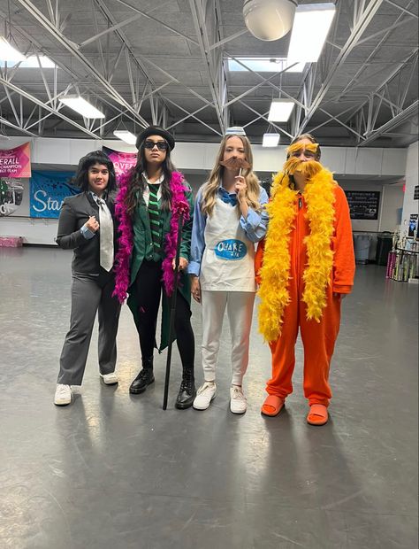 The Lorax Trio Costume, 4 Friend Costume Ideas, Group Of Four Costume Ideas, 4 Ppl Halloween Costume Ideas, Lorax Trio Costume, Funny Big Group Halloween Costumes, Lorax Duo Costume, Easy Lorax Costume, The Lorax Costume Group