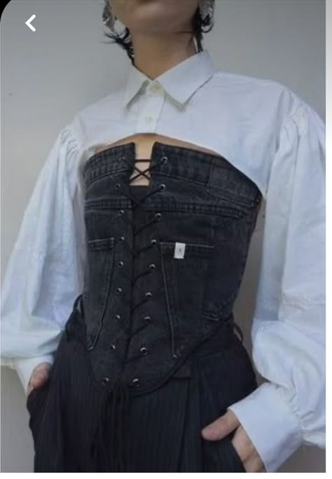 Upcycle Black Jeans, Reworked Denim Top, Ways To Upcycle Clothes, Denim Corset Outfit, Men Corset, Corset Jean, Black Denim Outfit, Patchwork Corset, Jeans Corset