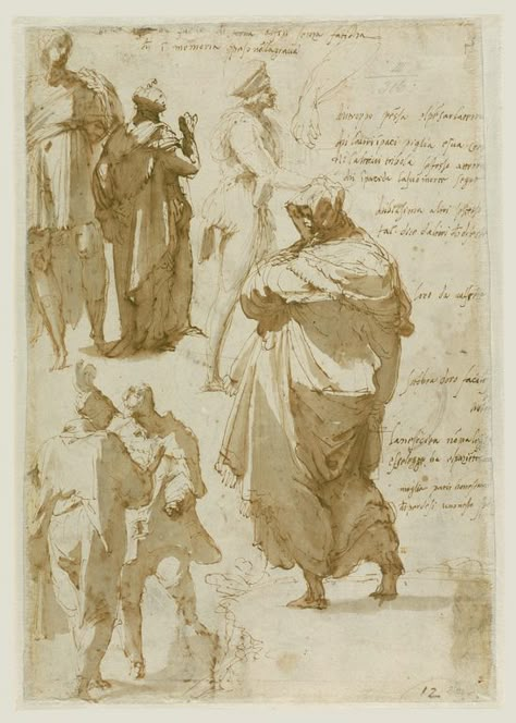 Perino del Vaga (Pietro Buonaccorsi), 1501-1547, Italian, Figure Studies (verso), 1542-1545. Pen and brown ink and brown wash (verso): 32.7 x 22.2 cm. J. Paul Getty Museum, Los Angeles. High Renaissance, Mannerism. Drawing Of People, Old Master Drawings, Masters Drawings, Master Drawings, Academic Drawing, Master Drawing, Figure Studies, Getty Museum, Figure Study