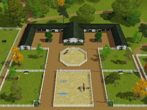 amazing stable setup. Just smaller, more fields, dressage ring instead of a round pen and a XC course some where out there :) Horse Farm Layout, Minecraft Horse, Barn Layout, Horse Farm Ideas, Equestrian Building, Horse Barn Ideas Stables, Horse Barn Designs, Horse Arena, Dream Stables