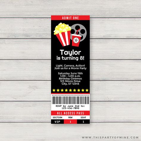 Movie Invitation Printable Movie Night Birthday Party Movie Night Party Invitations, Movie Night Party Decorations, Movie Theatre Birthday Party, Night Party Invitation, Movie Theater Party, Party Movie Night, Movie Ticket Invitations, Movie Party Invitations, Movie Theme Birthday Party