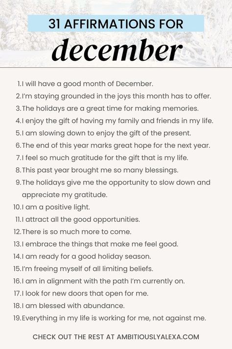 december affirmations December Mental Health, Affirmational Quotes, Validation Affirmations, Quotes For December, Winter Affirmations, December Affirmations, Glowup Affirmations, New Month Affirmations, Month Affirmations