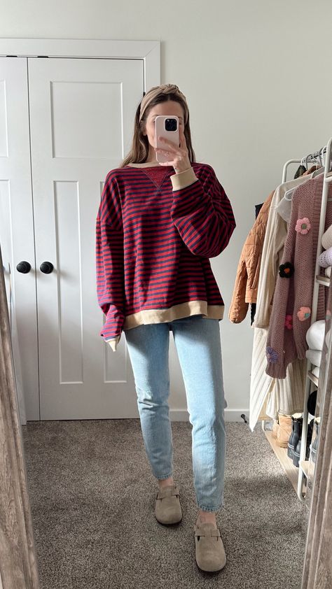 Classic Striped Oversized Crewneck curated on LTK Striped Crewneck Outfit, Oversized Striped Sweatshirt With Crew Neck, Cheap Oversized Striped Sweater, Oversized Striped Crew Neck Top, Oversized Crewneck Outfit, Oversized Striped Cozy Sweater, Cozy Striped Crew Neck Top, Oversized Sweatshirt Outfit, Athleisure Outfits Fall