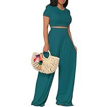 Summer 2 Piece Outfits, 2 Piece Outfits For Women, Summer Two Piece Outfits, Long Pants Casual, High Waist Wide Leg Pants, Short Sleeve Crop Top, Scarf Top, Outfits For Women, Short Sleeve Cropped Top