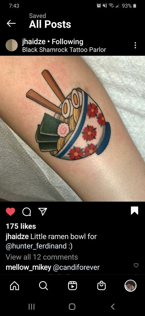 Ramen Bowl Tattoo, Ramen Tattoo, Bowl Tattoo, Anime Ramen, Belle Tattoo, Shamrock Tattoos, Tattoo Parlors, Ramen Bowl, Anime Tattoos