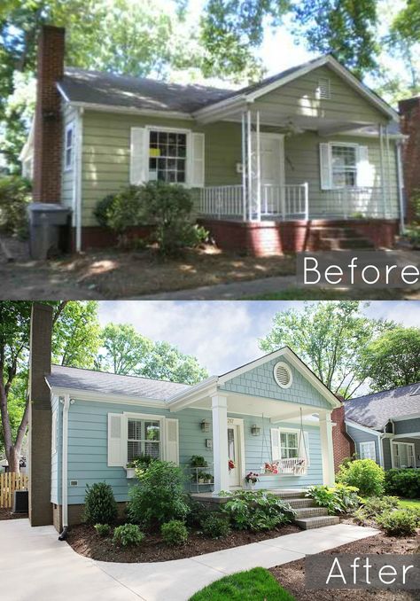 Before and after of our 1940's bungalows exterior  #baystreetbungalows #houseflip #remodel #bungalow #beforeandafter Front House Curb Appeal Ideas, Awning Before And After, Curb Appeal On A Budget Before And After, Modular Home Curb Appeal, House Flip Before And After, Planting Along Sidewalk, Curb Appeal Small House, Curb Appeal Before And After, Small House Curb Appeal