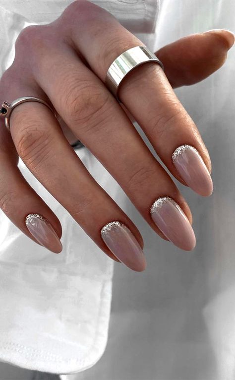 70+ Wedding Nails For Brides : Glitter Reverse French Almond Nails Wedding Nails Fall, Nails For Brides, French Almond Nails, Nails For Wedding, 70 Wedding, Fall Wedding Nails, French Almond, Wedding Acrylic Nails, Reverse French