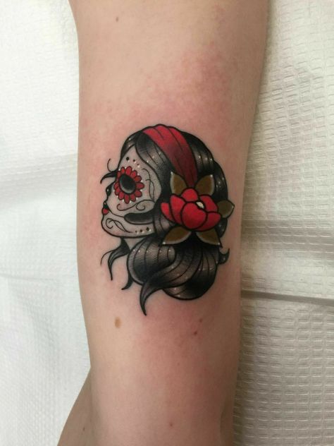 Pinup Skull Tattoo, Day Of The Dead Flash Tattoo, Day Of The Dead Tattoo For Women, Female Sugar Skull Tattoo, Mexican Skull Tattoos Women, Dia De Los Muertos Tattoo Ideas Woman, Candy Skull Tattoo For Women, Traditional Sugar Skull Tattoo, Sugar Skull Couple Tattoo