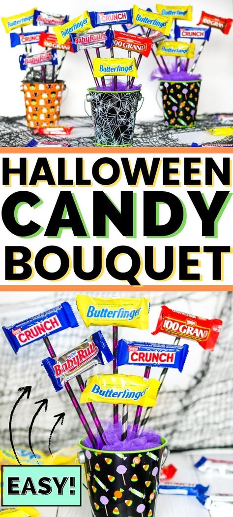 Candy bouquets take just a few minutes to make and are a terrific Halloween gift for friends, family, teachers, and neighbors. #HalloweenIdeas #HalloweenTreats #HalloweenCandy #HalloweenCandyIdeas #candybouquet #HallowenCrafts Halloween Party Centerpieces, Easy Halloween Food, Creative Diy Gifts, Candy Bouquet, Fun Size, Candy Bars, Halloween Desserts, Best Candy, Favorite Candy