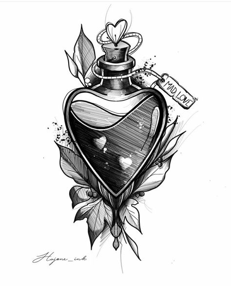 Heart Bottle Drawing, Self Love Potion Tattoo, Heart Bottle Tattoo, Heart Potion Bottle Tattoo, Poison Bottle Tattoo Design, Potion Bottle Tattoo Design, Neo Trad Tattoo Design, Love Potion Tattoo, Heart Potion Bottle