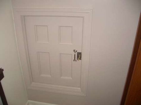 Build attic door with skeleton key - diy Access Door Ideas, Attic Door Ideas, Slanted Closet, Attic Access Door, Crawl Space Door, Attic Door, Space Door, Attic Makeover, Attic Renovation Ideas