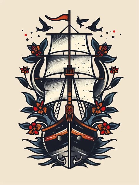 The image contains a traditional tattoo of a ship. The ship has a large sail and is surrounded by flowers and leaves ->> more details in ai-img-gen.com American Traditional Pirate Ship Tattoo, Neo Trad Ship Tattoo, American Traditional Pirate Ship, Traditional Ship Tattoo Flash, American Traditional Pirate Tattoo, Sail Ship Tattoo, Ocean Traditional Tattoo, Pirate Ship Tattoo Traditional, Traditional Tattoo Ship