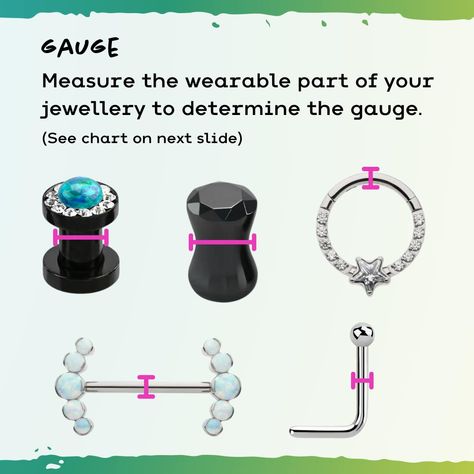 Between the gauge, length, diameter, and style, it can be hard to keep track of what size body jewellery you wear! This is a simple guide on how to measure some of the more common pieces. Keep those piercings happy! ❤ ✨Gauge: This refers to the thickness of the jewellery and can be confusing because a smaller mm measurement = a larger gauge size. (12G jewellery is thinner than 8G jewellery, for example.) ✨Internal Diameter: Hoops are measured by the internal diameter at the widest points ins... The Healing Process, How To Measure, Healing Process, Body Jewellery, May 21, Threading, Keep Track, Good To Know, To Tell