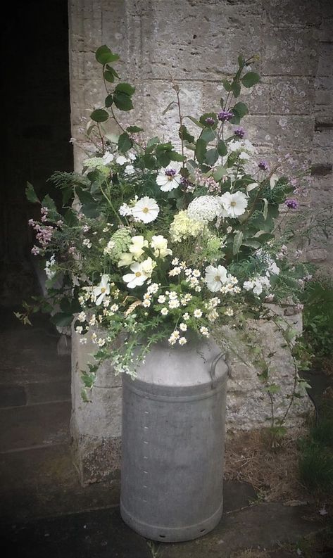 Gallery Flowers In Milk Can, British Wedding Flowers, Milk Churn Flowers Wedding, Milk Can Wedding Decor, Milk Can Flower Arrangements, Flower Decor Ideas, Rustic Flower Arrangements, Church Wedding Flowers, Milk Churn