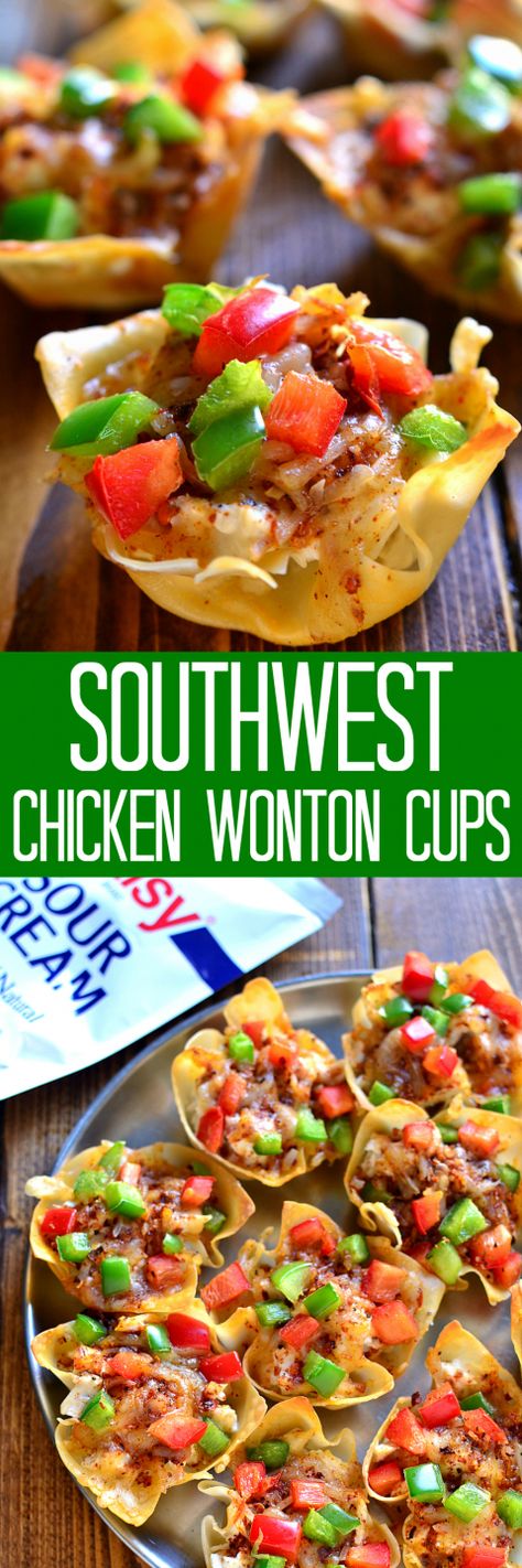 Southwest Chicken Wonton Cups are loaded with creamy chicken, cheese, and peppers and packed with delicious southwest flavor. The perfect holiday appetizer - sure to become a new family favorite! Chicken Wonton Cups, Chicken Cups, Wonton Appetizers, Daisy Brand, Chicken Wontons, Wonton Cups, Wonton Recipes, Southwest Chicken, Plano Texas