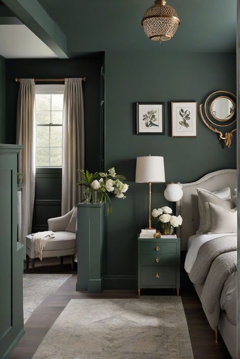 Newburg Green Bedroom, Color Drenching Green Bedroom, Vintage Bedroom Green Walls, Green Color Drenched Room, Green Paint Colors For Bedroom, Paint Color Schemes For Bedroom, Forest Green Accent Wall Bedroom, Green Paint Bedroom, Moody Green Paint Colors