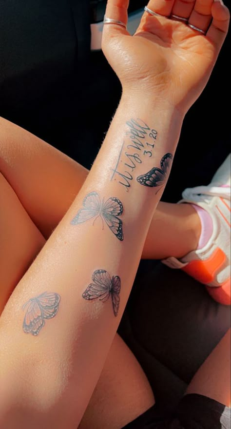 Sentimental Butterfly Tattoos, Butterfly Tattoo Black Women Arm, Tattoo Ideas Female Arms Butterfly, Tattoo Ideas Teen Girl, Butterfly With Bible Verse Tattoo, Cute Arm Sleeve Tattoos, Butterfly With Birthday Tattoo, Butterfly And Words Tattoo, Inner Forearm Butterfly Tattoo