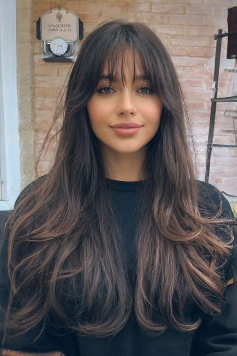 Long Haircut Layers Bangs, Haïr Cut For Long Hair Straight, Effortless Haircut Long, Butterfly Haircut Chubby Face, Cool Bangs Haircut, Long Hair Layers And Curtain Bangs, Long Layers Framing Face, Butterfly Haircut Wispy Bangs, Long Haircut With Fringe