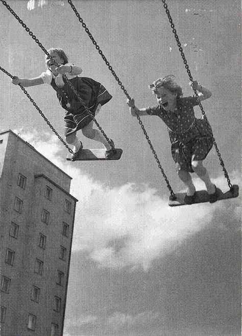 Here are two little swingers-Who aren't afraid of a thing-All they know for that moment-Is how exhilarating it is to swing-Reaching higher and higher-That's where they want to be-Who knows what's in their future-For now their young and their free. Foto Art, Photo Vintage, Jolie Photo, Vintage Vogue, 인물 사진, Vintage Pictures, Vintage Photographs, Dark Knight, Vintage Photography