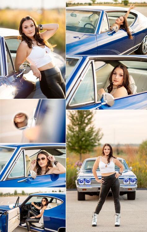 classic car photoshoot, muscle car senior photos, muscle classic car photo ideas Senior Pics With Old Cars, Senior Pic With Car, Senior Car Photoshoot, Senior Car Picture Ideas, Classic Car Senior Pictures, Senior Car Pictures, Car Photography Poses Women, Senior Photos With Car, Senior Pictures With Car