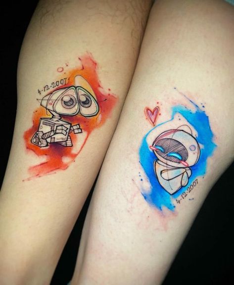 Disney Couple Tattoos, Skull Couple Tattoo, Walle Y Eva, Disney Inspired Tattoos, Marriage Tattoos, Couple Disney, Partner Tattoos, Matching Friend Tattoos, Cute Couple Tattoos