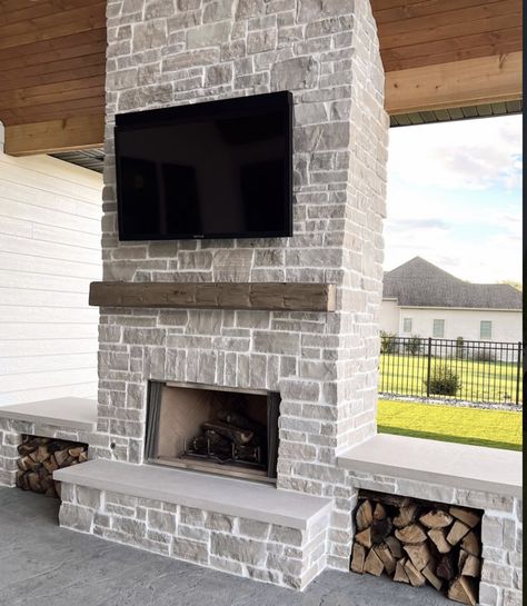 2 Story Outdoor Fireplace, Corner Outside Fireplace, Outdoor Fireplace Covered Porch, Outdoor Fireplace With Benches On Each Side, Outdoor Entertaining Area With Fireplace, Back Deck Fireplace, Small Porch Fireplace, Outside Patio Fireplace Ideas, Outside Fireplace With Tv