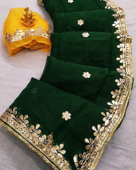 Gota patti Handwork Pyore Organza Zari fabric❤❤❤❤ Gota Patti Saree All Over Same work Border ⚡All Over small motifs+ border on all over ⚡ Zari Blouse of Contrasts ⚡ Jaipuri Single Colour hand Dai ⚡ Zari Pallu of Waiving 💯💯% Granted Organza zari Fabric Ready to ship 👌👌Nice Saree Complated With Roll Press👌👌👌 Ready to ship 1750+ shipping WhatsApp 8112202647 Gotapatti Work Saree, Gotapatti Work Blouses, Gotta Patti Saree, Gotapatti Work, Daily Wear Sarees, Small Motifs, Gota Patti Saree, Fabric Paint Diy, New Saree Designs